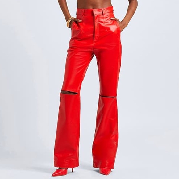 8 by YOOX Genuine Lambskin Leather Pants Red Cutout Flared High Waist Size 10 &4 - Picture 3 of 14